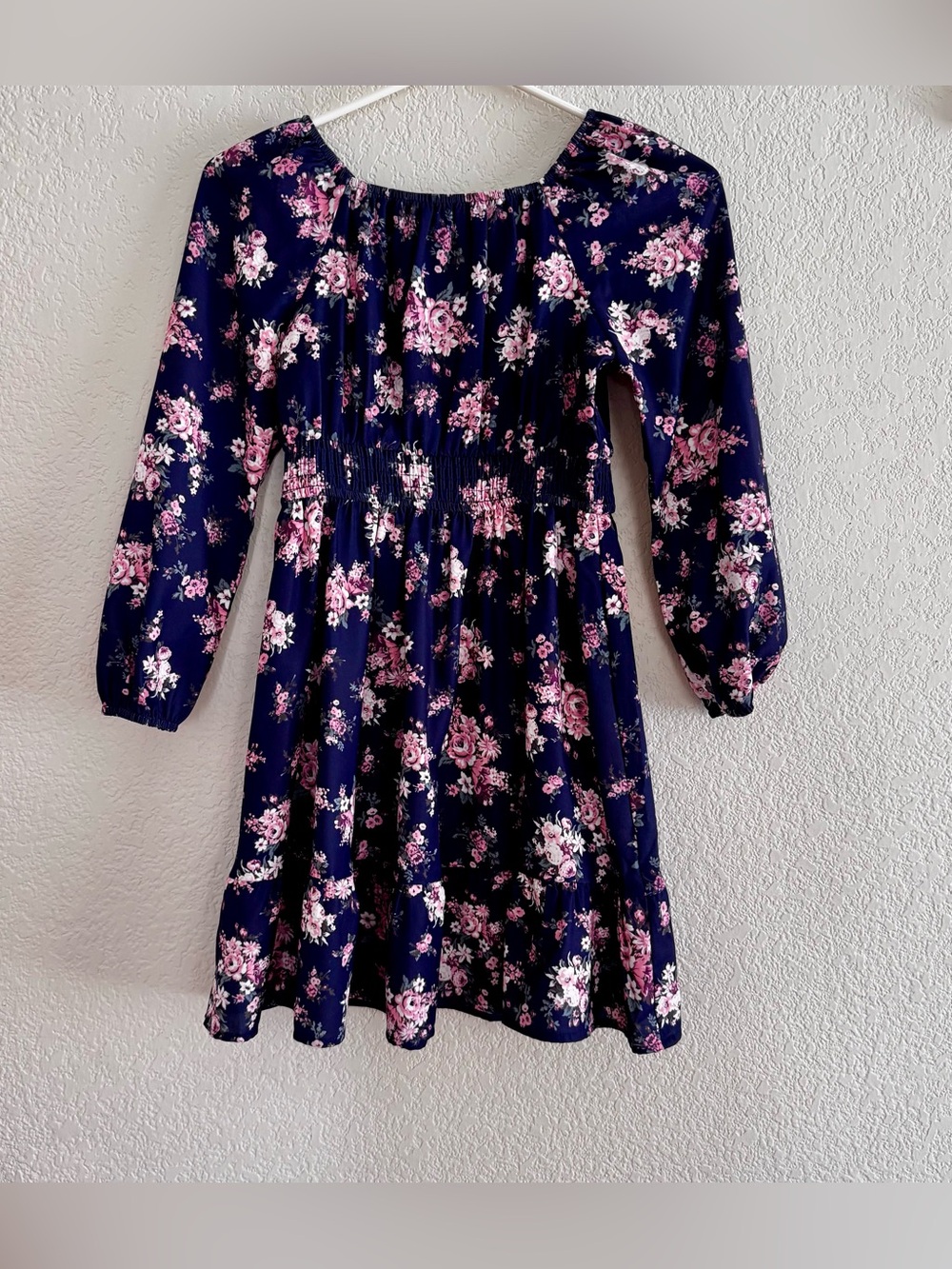 Grace Karin Navy Blue Pink Floral Dress Long Sleeve Smocked Waist Girls 8